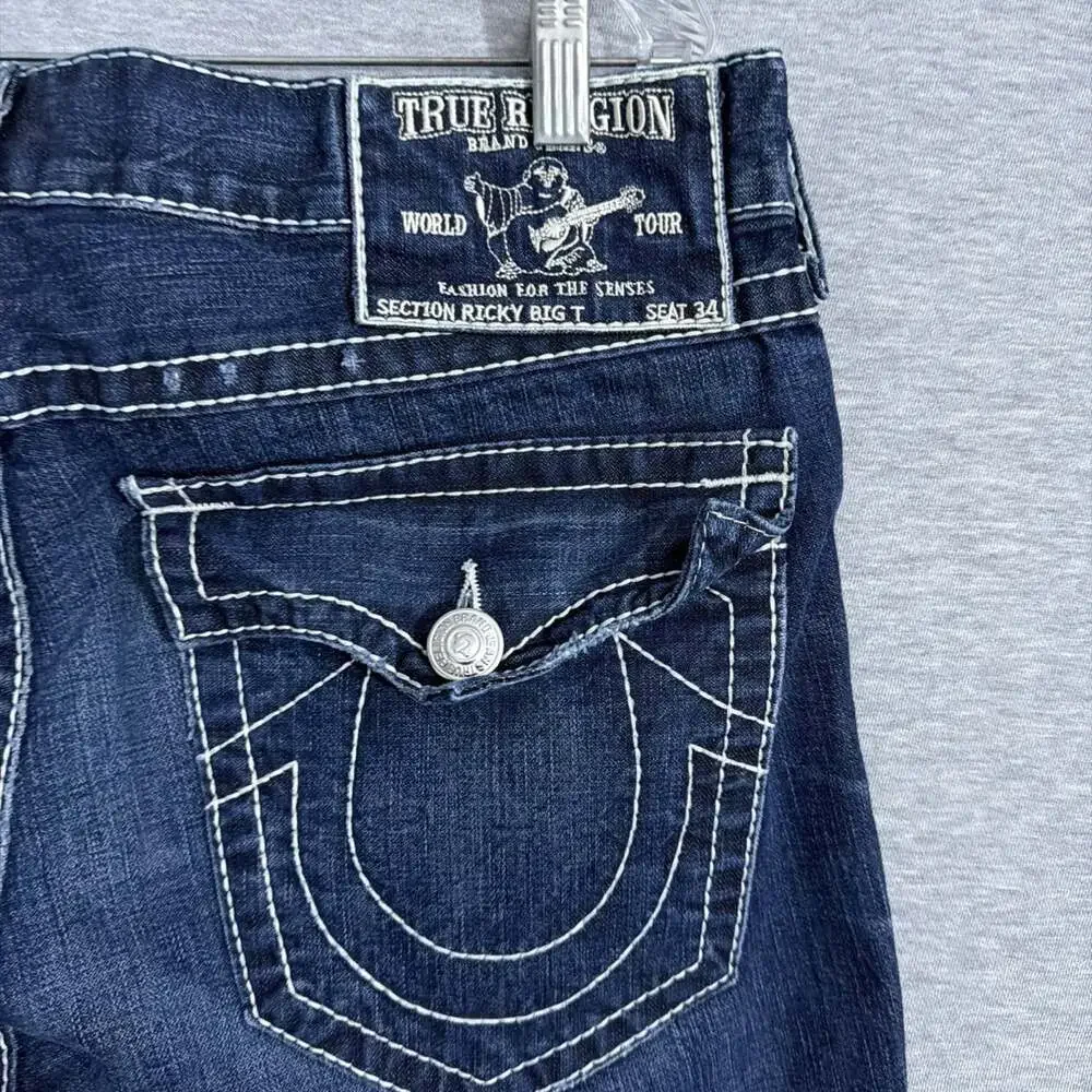 True Religion Men's 36 Blue Denim Ricky Big T Straight Leg Flap Pocket Jeans